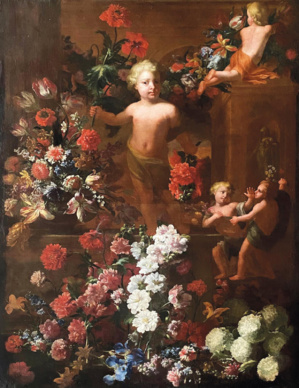 Attributed to Jean-Baptiste Monnoyer (1636–1699), Still Life with Flowers and Putti, a Park Featuring Architectural Elements in the Background, oil on canvas, 171.8 x 122.5 cm/67.64 x 48.22 in. Estimate: €6,000/8,000