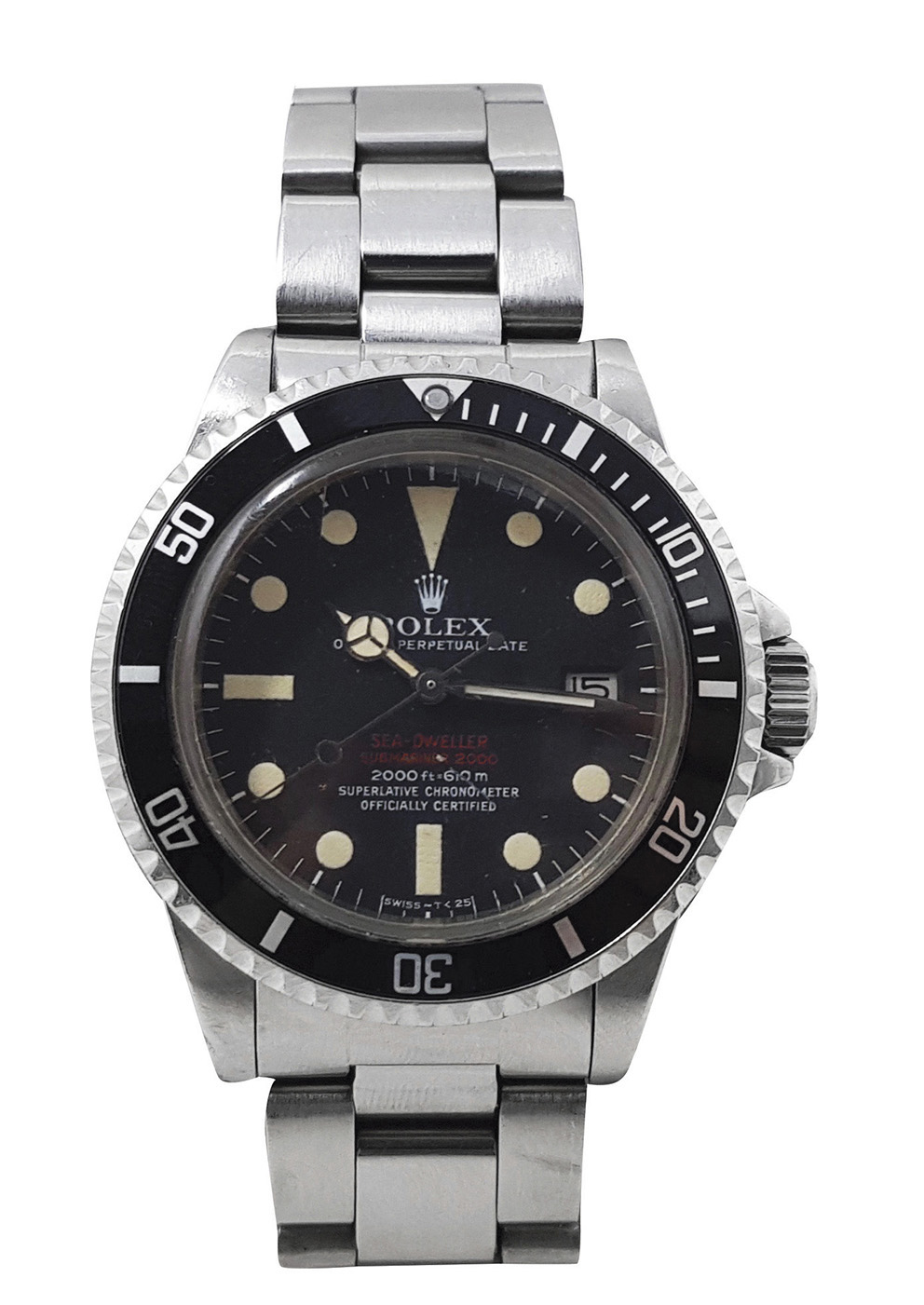 Rolex Sea-Dweller double red, reference number 1665, serial number 3117947, steel wristwatch, black dial, datograph at 3 o’clock, luminescent pale beige hands and index, articulated mesh bracelet with clasp, "Rolex oyster gas escape valve-Rolex patent" engraved on the back, January 1972, dia. 39-40 mm (1.53 x 1.57 in). Estimate: €50,000/60,000