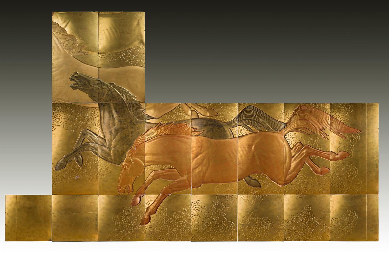 Jean Dunand (1877-1942), La Conquête du cheval, 1935, set of 18 panels in gold and color lacquer carved in low-relief on a base of sabi, for the first-class smoking room of the Normandie. The whole: 311 x 504 cm (approx. 122.4 x 198.4 in) ; separately: 124 x 63 (48.8 x 24.8 in), 63 x 63 (24.8 x 24.8 in), 124 x 16 cm (48.8 x 6.3 in). Estimate: €250,000/300,000