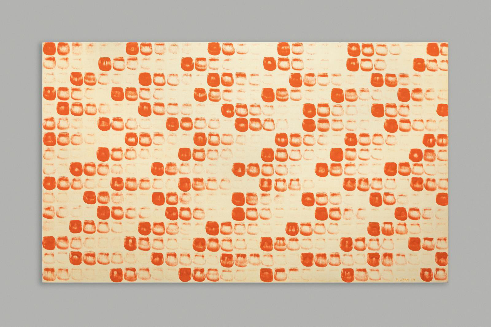 Lee Ufan (b. 1936), From Point (in Paris) n° 770122, 1977, signed lower right and dated, titled on the reverse, countersigned and located in Paris, orange pigment bound with glue, light orange primer, on canvas, 64 x 108 cm (25.1 x 42.5 in). © Adagp, Paris, 2021