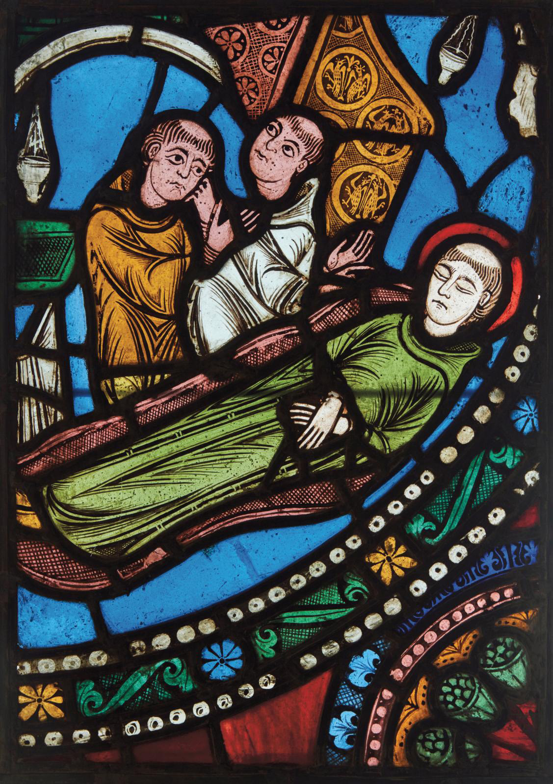 France, c. 1140-1144. Two monks watching over the body of Saint Benedict, stained glass, 44.4 x 31.3 cm (17.49 x 12.33 in). Photo Pierre Bergé & Associés