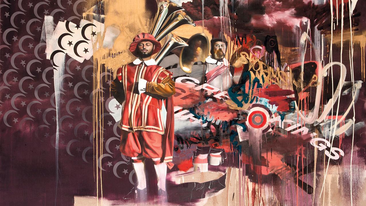 Conor Harrington (born 1980), Holy Smoke Quintet (Part Four), 2010, oil, acrylic and spray paint on canvas, 152 x 213 cm (59.85 x 83.86 in). Estimate: €45,000/70,000