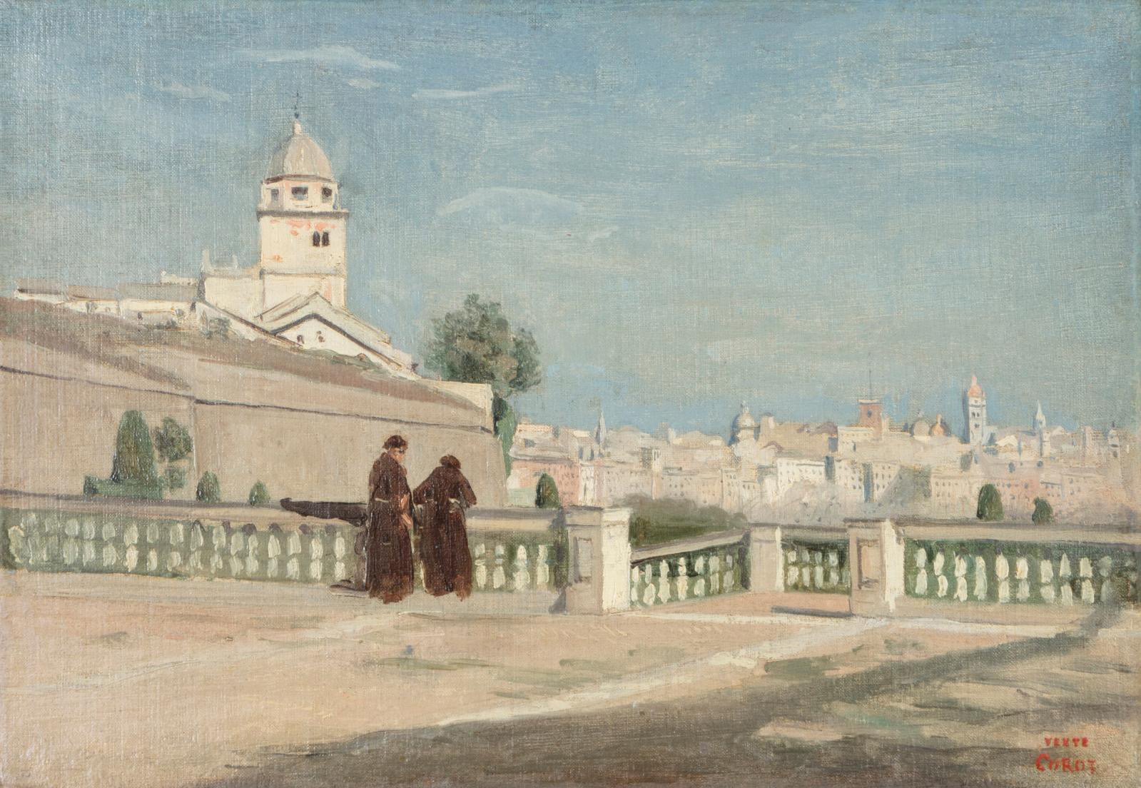 Camille Corot (1796–1875), Deux moines sur la terrasse du palais Doria à Gênes (Two Monks on the Terrace of the Palazzo Doria in Genoa), June 1834, oil on canvas, 25 x 36.5 cm/9.85 x 14.38 in. Estimate: €150,000/250,000