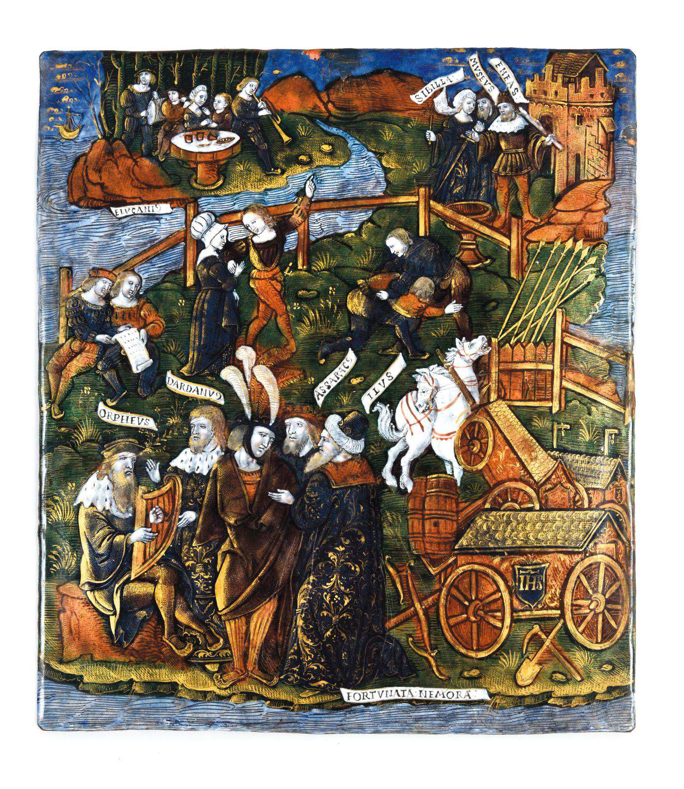 Master of the Aeneid, Limoges, c. 1525-1530. Les Bocages fortunés (The Rich Groves), enamel plate painted in polychrome on copper and silver flecks with gilt highlights, gilt calf frame, crimson velvet interior (French work from the first half of the 17th century), the plaque measuring 22.5 x 19.8 cm/8.9 x 7.8 in. Estimate: €200,000/300,000 Master of the Aeneid, Limoges, c. 1525-1530. Les Bocages fortunés (The Rich Groves), enamel plate painted in polychrome on copper and silver flecks with gilt highlights, gilt calf frame, crimson velvet interior (French work from the first half of the 17th century), the plaque measuring 22.5 x 19.8 cm/8.9 x 7.8 in. Estimate: €200,000/300,000