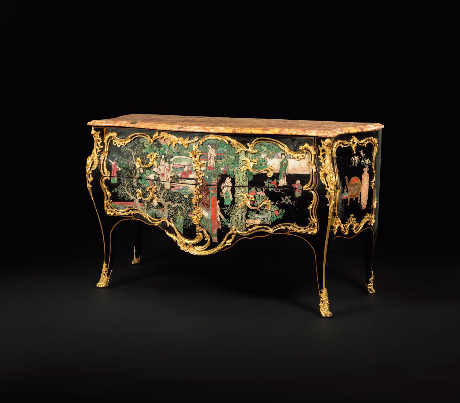 Coromandel lacquer commode with darkened wood frames, sinuous-formed façade and sides and two drawers, decorated with palace scenes and utensils in polychrome lacquer on a black background, the top in Breccia di Aleppo marble, standing on curved uprights ending in arched feet, stamped Pierre Roussel and JME, cabinetmaker admitted as a master in 1745, Louis XV period, c. 1750-1755, 86.5 x 145.5 x 66 cm/34 x 57.3 x 26 in. Estimate: €50,000/80,000
