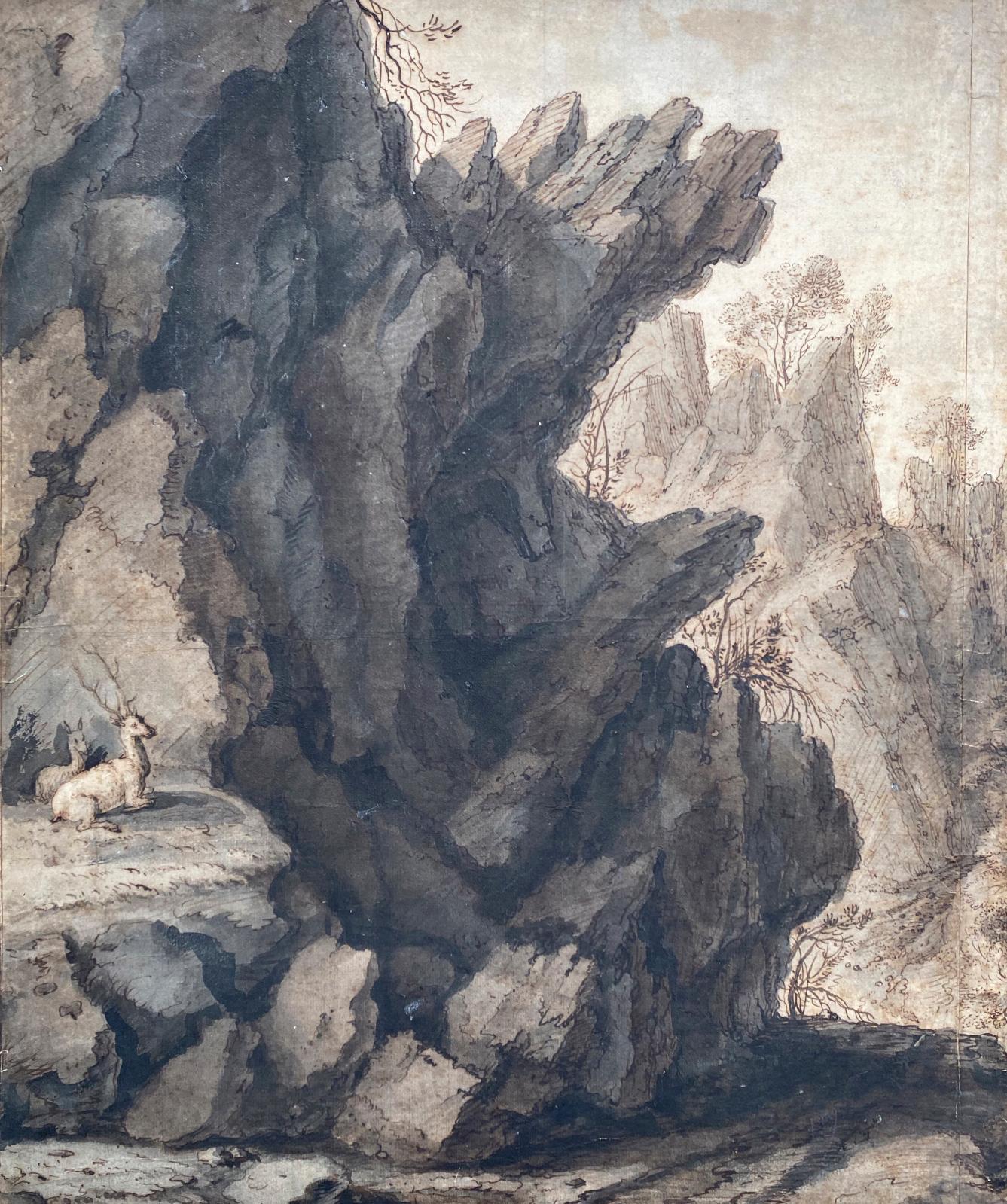 Lambert Doomer (1624–1700), Mountain Landscape, pen and brown ink, grey and brown wash, 44 x 37 cm/17.32 x 14.56 in. Galerie Benjamin Peronnet. © Benjamin Peronnet, Paris