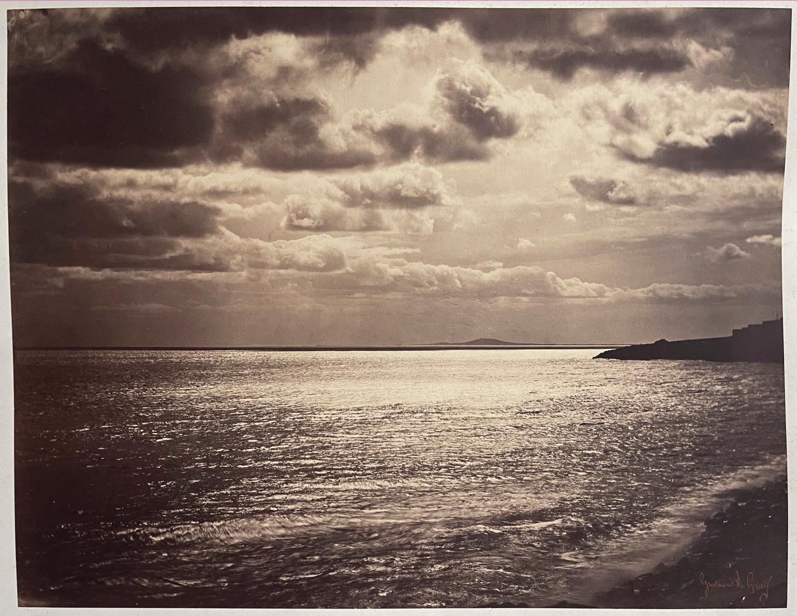 Gustave Le Gray (1820–1884), La Mer Méditerranée à Cette [Sète] (The Mediterranean Sea at Cette [Sète]), 1857, albumin print, red signature stamp and dry stamp on the mount, label with the title, 32.1 x 41.7 cm/12.64 x 16.42 in. Estimate: €15,000/20,000