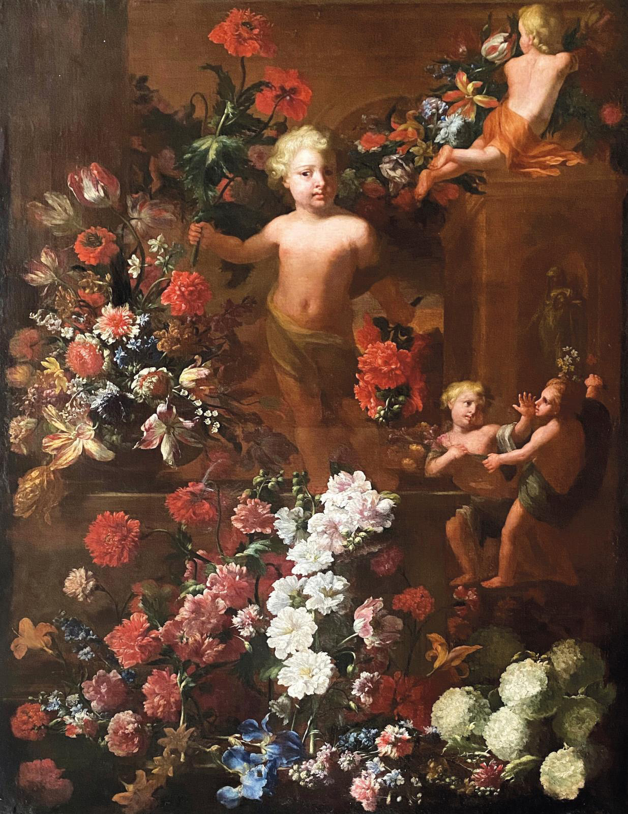 Attributed to Jean-Baptiste Monnoyer (1636–1699), Still Life with Flowers and Putti, a Park Featuring Architectural Elements in the Background, oil on canvas, 171.8 x 122.5 cm/67.64 x 48.22 in. Estimate: €6,000/8,000