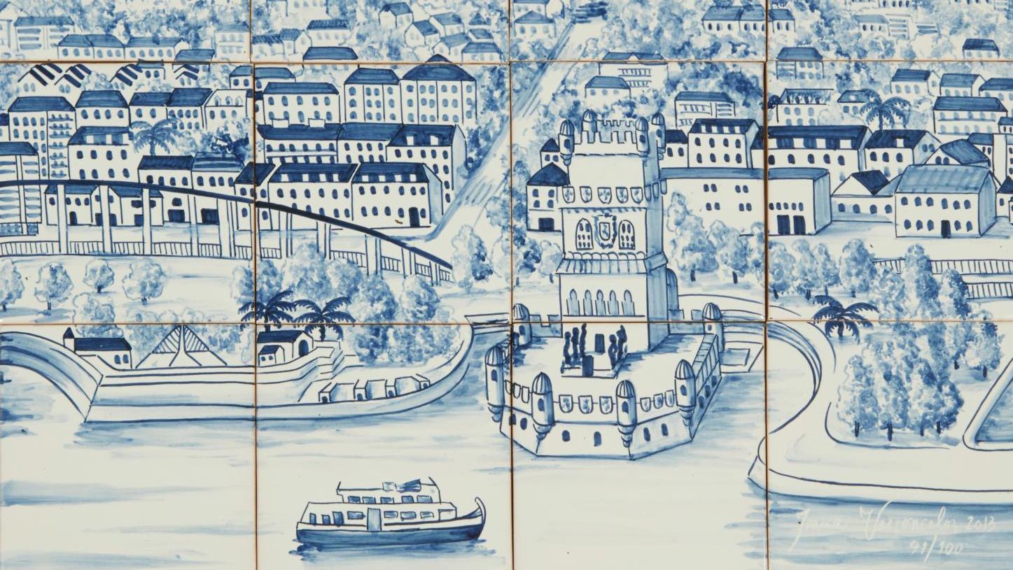 Joana Vasconcelos (born 1971), Trafaria Praia, large panorama of 21st-century Lisbon (Belém Tower), 2013. Hand-painted azulejos, signed, dated and numbered on tile 95/100. Fired by Dilecta, 42 x 56 cm/16.54 x 22.05 in (14 x 14 cm/5.51 x 5.51 each tile). Paris, Drouot, June 22, 2015. Millon Auction House. Result: €3,900 Joana Vasconcelos (born 1971), Trafaria Praia, large panorama of 21st-century Lisbon (Belém Tower), 2013. Hand-painted azulejos, signed, dated and numbered on tile 95/100. Fired by Dilecta, 42 x 56 cm/16.54 x 22.05 in (14 x 14 cm/5.51 x 5.51 each tile). Paris, Drouot, June 22, 2015. Millon Auction House. Result: €3,900