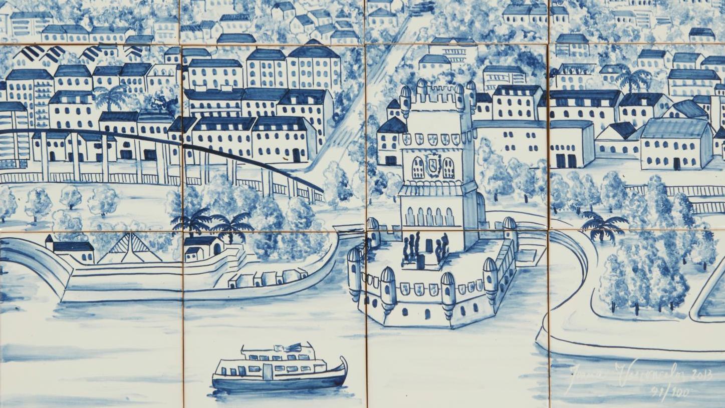 Joana Vasconcelos (born 1971), Trafaria Praia, large panorama of 21st-century Lisbon (Belém Tower), 2013. Hand-painted azulejos, signed, dated and numbered on tile 95/100. Fired by Dilecta, 42 x 56 cm/16.54 x 22.05 in (14 x 14 cm/5.51 x 5.51 each tile). Paris, Drouot, June 22, 2015. Millon Auction House. Result: €3,900