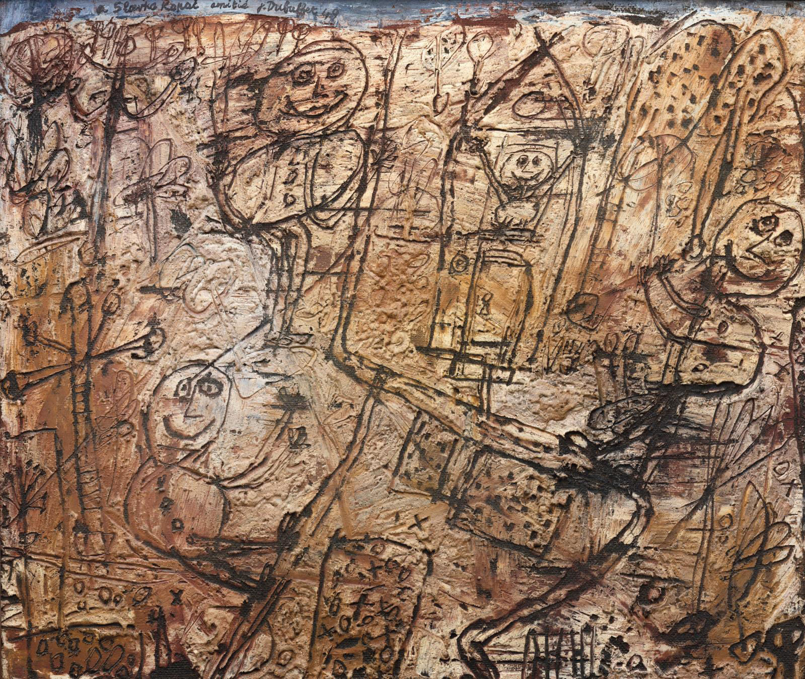 Jean Dubuffet (1901-1985), "Petit paysage avec personnages," 1949, oil on Isorel, signed, dated and dedicated to Slavko Kopac, 50 x 61 cm/19.7 x 24 in. Result: €747,040 Jean Dubuffet (1901-1985), "Petit paysage avec personnages," 1949, oil on Isorel, signed, dated and dedicated to Slavko Kopac, 50 x 61 cm/19.7 x 24 in. Result: €747,040