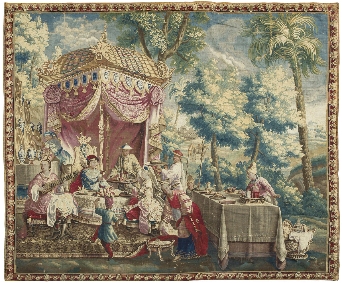 Royal Factory of Beauvais, after Guy Louis Vernansal, Jean-Baptiste Monnoyer and Jean-Baptiste Belin de Fontenay, first third of the 18th century, tapestry from the "History of the Emperor of China" showing "La Collation" ("The Light Meal"), by Guy Louis Vernansal, 333 x 394 cm/131 x 155 in. Paris, Hôtel Drouot, December 2, 2019. Ader auction house. Mr. Dayot. Sold for €147,200
