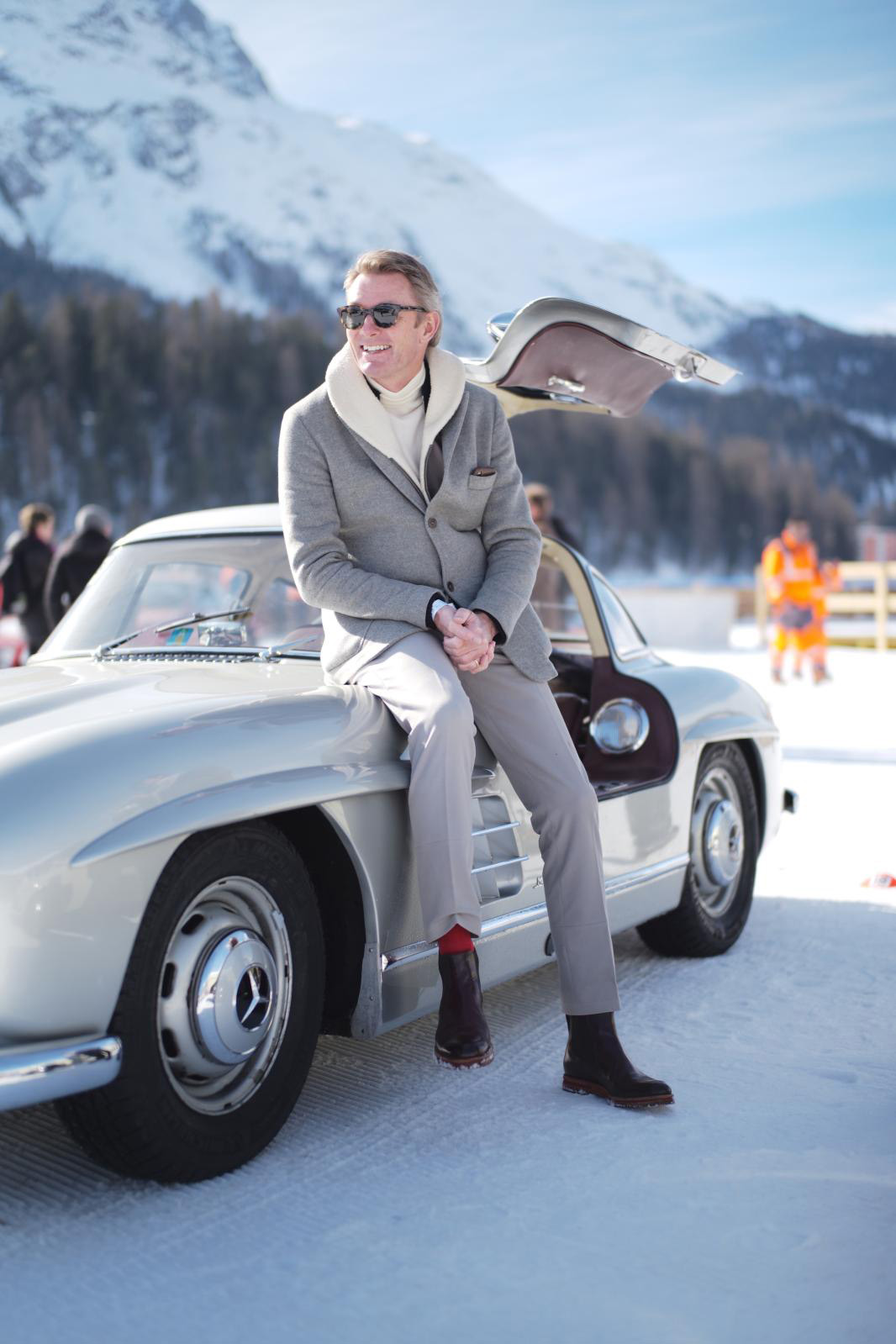 A legendary car: Simon Kidston and his Mercedes 300 SL Gullwing from 1955 during the concours d'élégance The Ice at St-Moritz in 2020. Courtesy Kidston SA