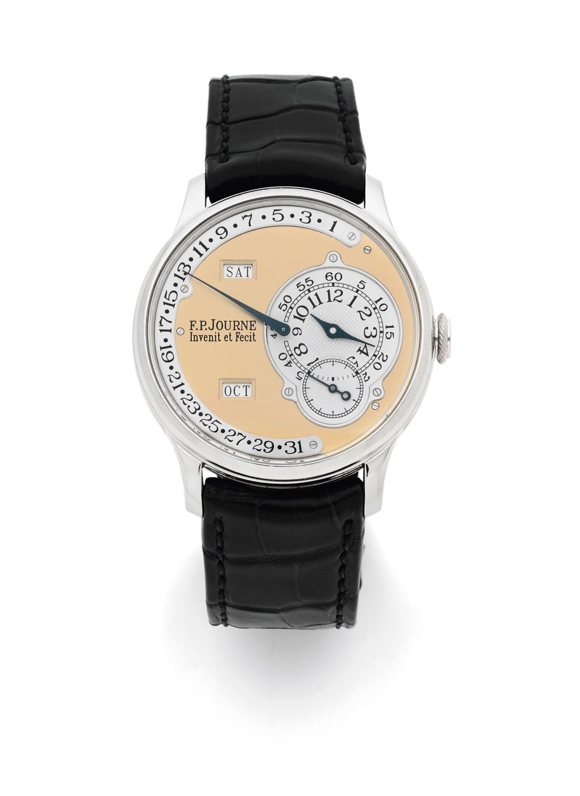 François Paul Journe, men's wristwatch, classic Octa Calendrier collection (No. 054-03Q), in platinum, with yellow gold and silver guilloché dial, annual calendar with retrograde date, day and month windows, mechanical self-winding 1300 movement, c. 2004, diam. 3.8 cm/1.5 in. Estimate: €100,000/150,000 François Paul Journe, men's wristwatch, classic Octa Calendrier collection (No. 054-03Q), in platinum, with yellow gold and silver guilloché dial, annual calendar with retrograde date, day and month windows, mechanical self-winding 1300 movement, c. 2004, diam. 3.8 cm/1.5 in. Estimate: €100,000/150,000