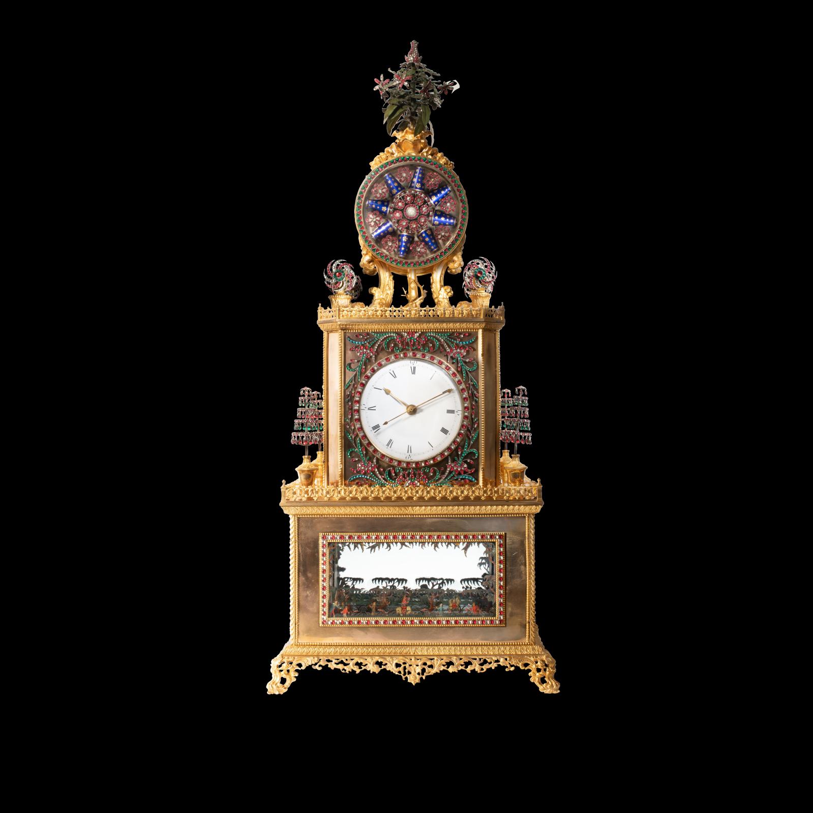 China, Qianlong dynasty (1736-1795). Rare and important imperial automaton clock in gilt bronze and stone inlays, decorated with tributes bearers, h. total 85 cm, base: 36 x 28 cm/h. 33.4 in, base: 14.1 x 11 in. Estimate : by request Sale: June 15, 2022. Aponem.