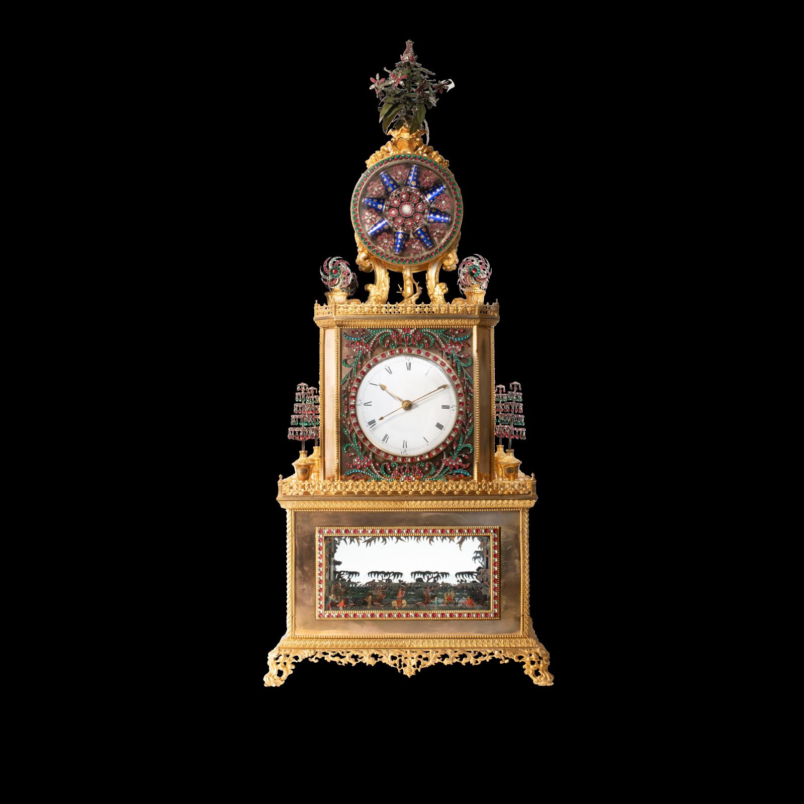 China, Qianlong dynasty (1736-1795). Rare and important imperial automaton clock in gilt bronze and stone inlays, decorated with tributes bearers, h. total 85 cm, base: 36 x 28 cm/h. 33.4 in, base: 14.1 x 11 in. Estimate : by request Sale: June 15, 2022. Aponem. China, Qianlong dynasty (1736-1795). Rare and important imperial automaton clock in gilt bronze and stone inlays, decorated with tributes bearers, h. total 85 cm, base: 36 x 28 cm/h. 33.4 in, base: 14.1 x 11 in. Estimate : by request Sale: June 15, 2022. Aponem.
