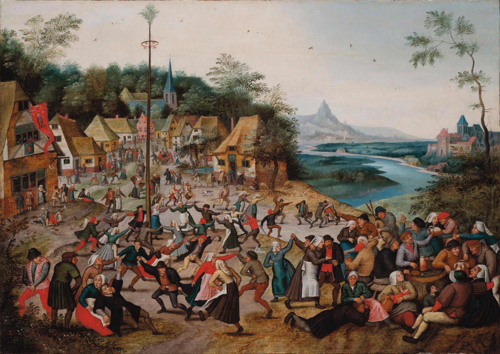 Pieter Bruegel the Younger (1564-1636), Kermesse of Saint George with the Dance Around the Maypole, 54.6 x 75.7 cm/21.5 x 29.8 in (detail). De Jonckheere Gallery. Pieter Bruegel the Younger (1564-1636), Kermesse of Saint George with the Dance Around the Maypole, 54.6 x 75.7 cm/21.5 x 29.8 in (detail). De Jonckheere Gallery.