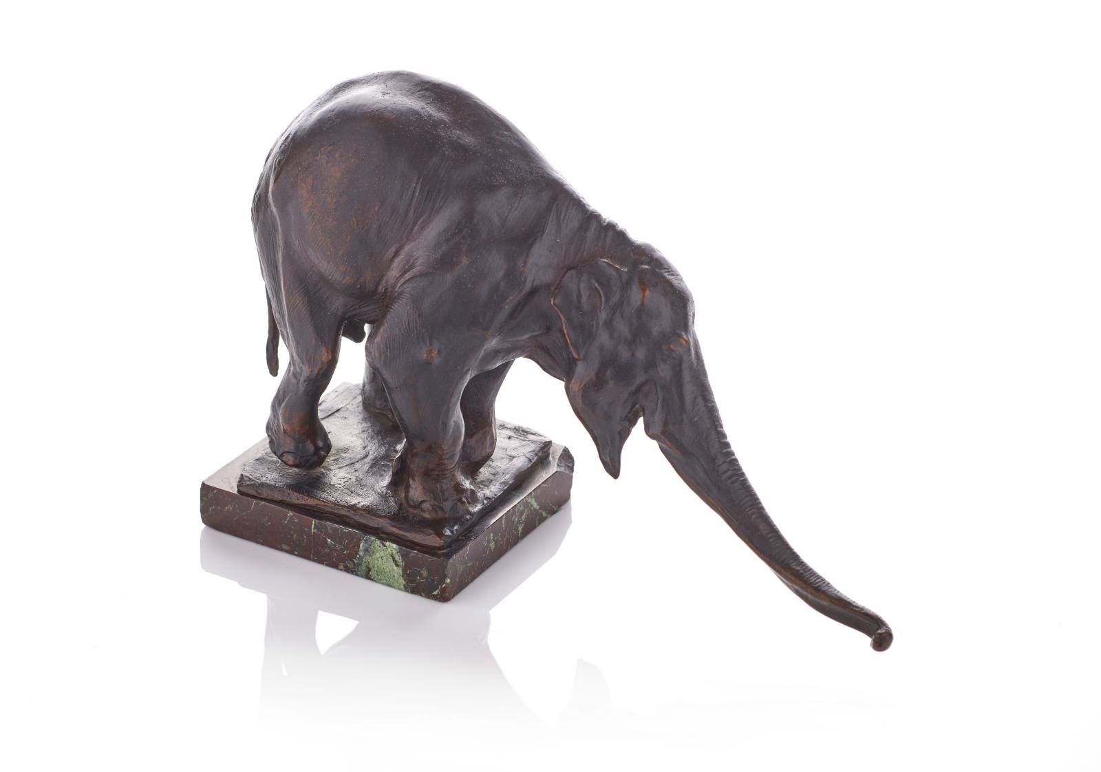 Rembrandt Bugatti (1884-1916) Éléphant d’Asie “il y arrivera" (Asian Elephant: “It’ll Get There”, c. 1907, bronze with a shaded brown patina, signed, founder's stamp " cire perdue A.A. Hebrard" on the terrace, h. 16 cm/6.3 in. with base. Estimate:€80,000/120,000
